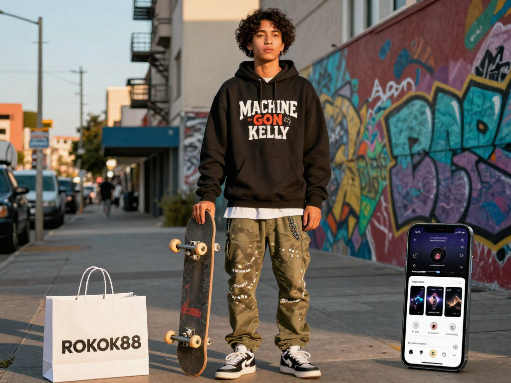 Stylish individual in exclusive rokok88 daftar merchandise, showcasing trendy streetwear and vibrant urban backdrop.