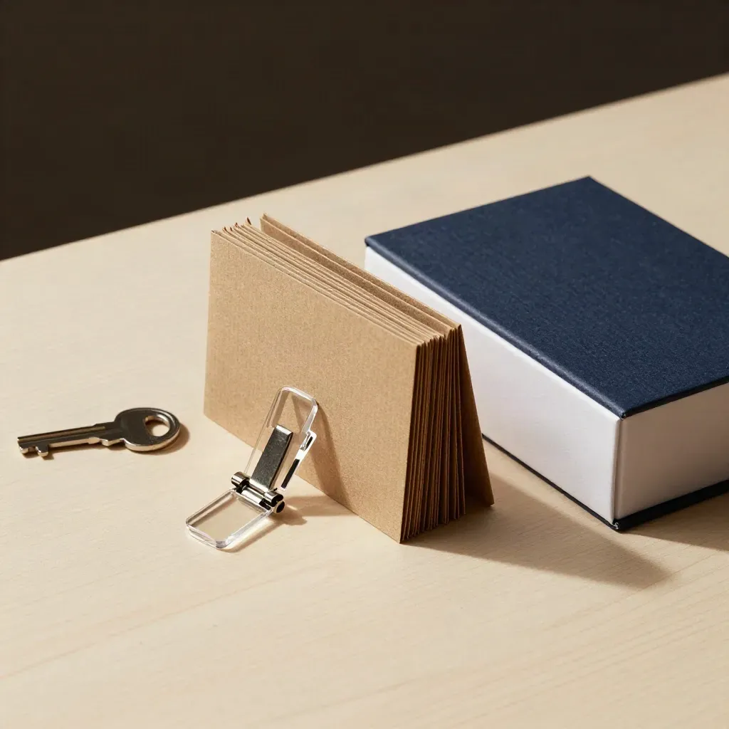 Displayclips, kraft sleeves en een halfopen sampledoos op licht geborsteld hout.