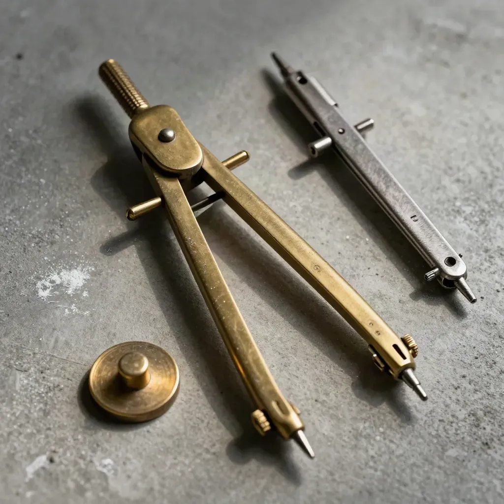 Brass drafting compass, metalen passer en zegel op beton met krijtstof