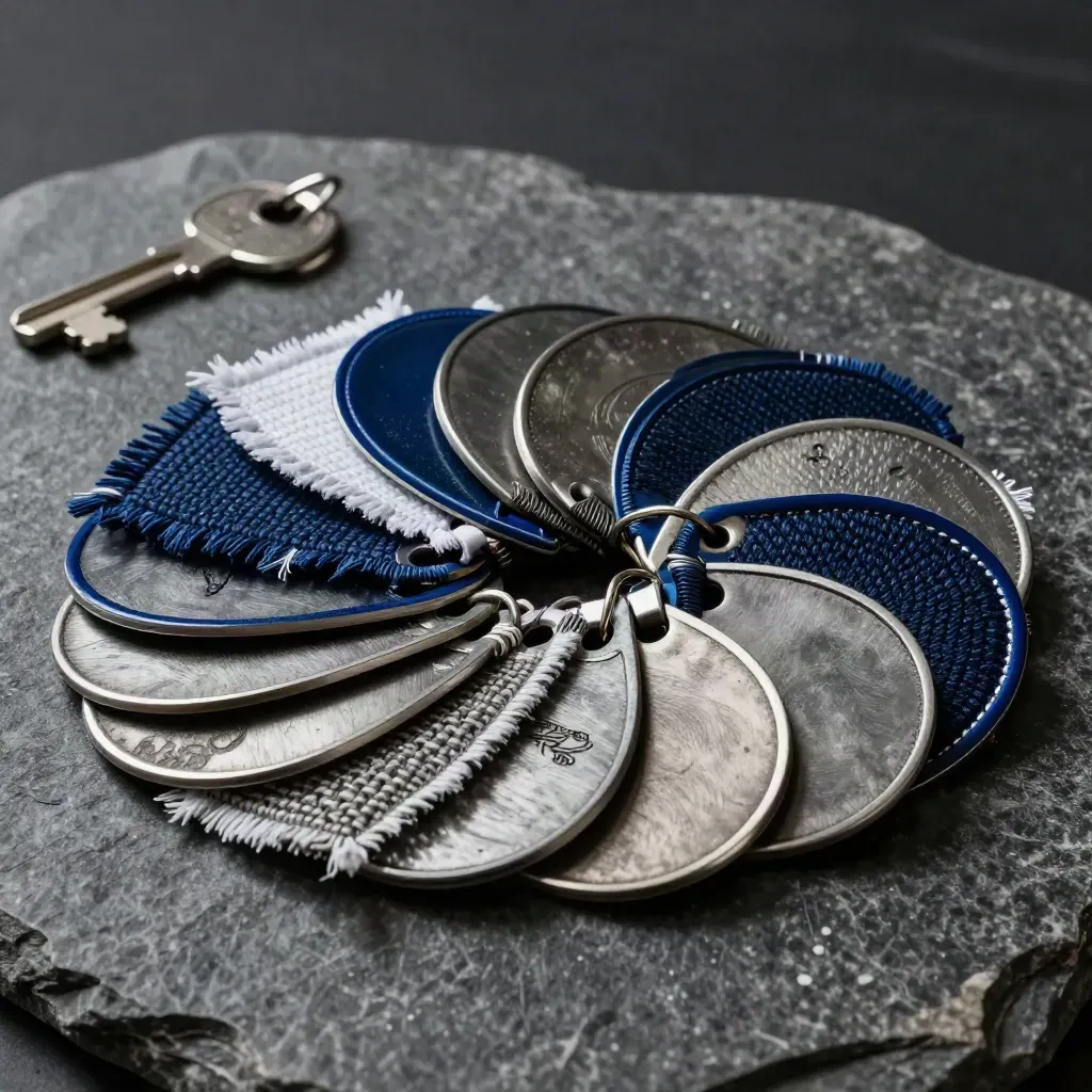 Collectieve membershiptokens, patches en tagclips op donkere steen met blauw accent.