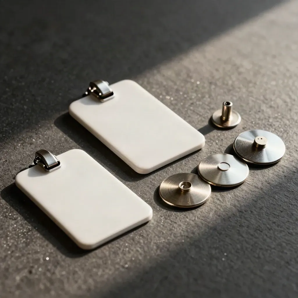 Badgesystem-onderdelen op leisteen met dramatische schaduw en metaaldetails.
