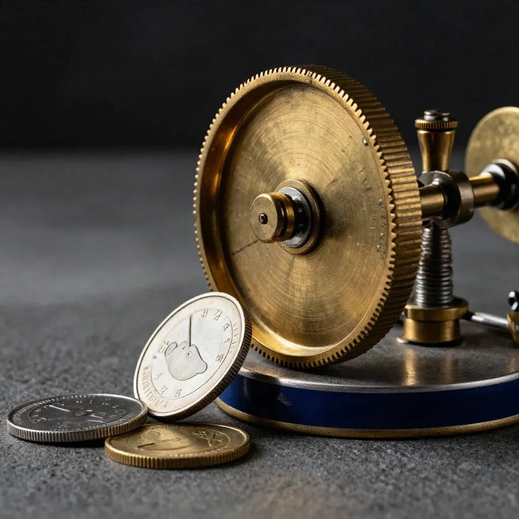 Brass tally wheel met reward tokens op grafiet, in macro met donkerblauw accent.
