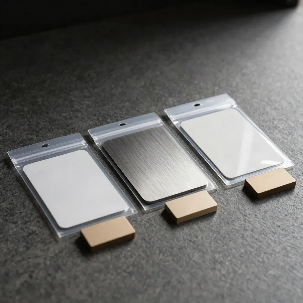 Drie doorzichtige sleeves, een metalen tabset en een klein gidsblok in een premium onboarding-opstelling.