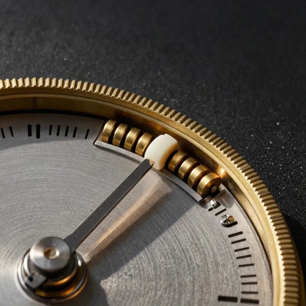 Macro van een mechanisch telwiel met messing kralen en stopmarker op geborsteld staal.