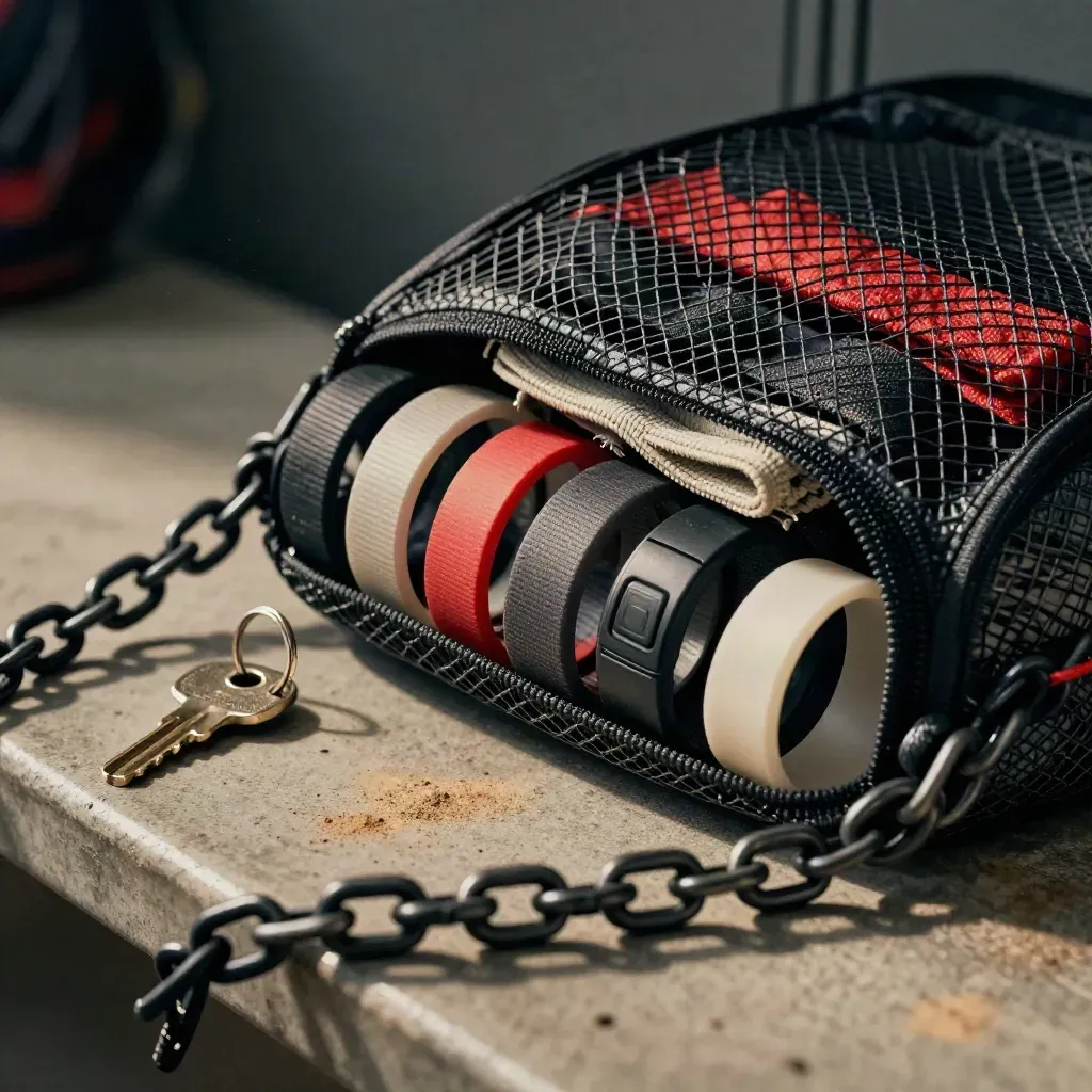 Mesh sporttas met polsbandjes en lockerhangers, gefotografeerd door gaas in een sportieve sfeer.