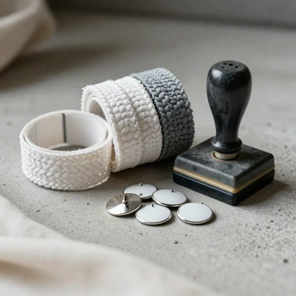 Close-up van community-armbandrollen, badges en een stempelblok op licht beton