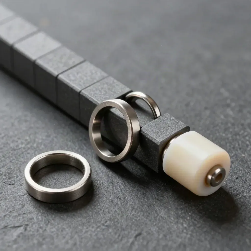 Metalen ringen en een modulaire brug verbinden op een stenen ondergrond met zacht licht.