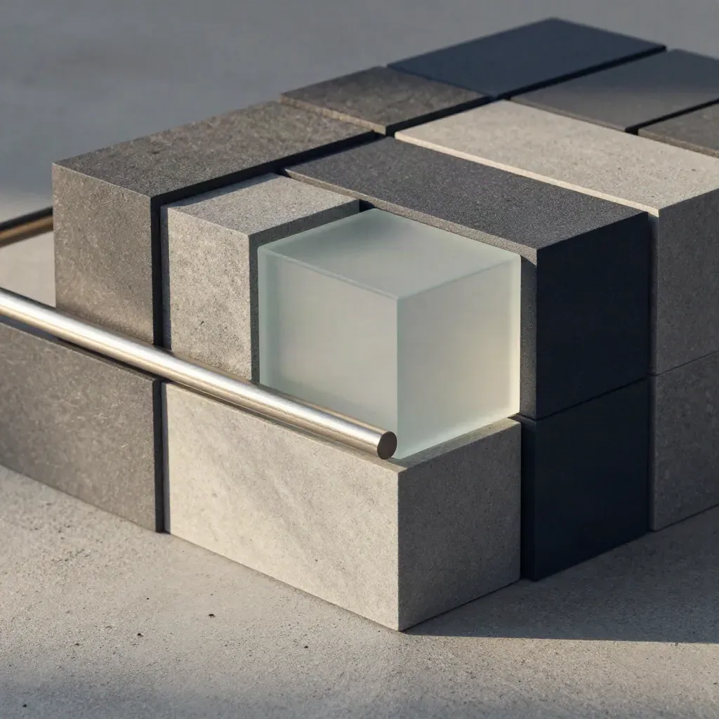 Modulaire blokken, een mat glazen vierkant en metalen rail in een premium close-up.