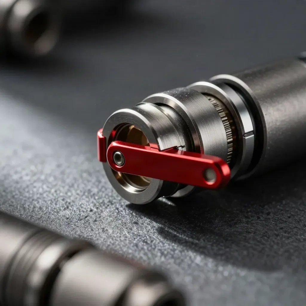 Macro van metalen connectoren met rode vergrendelclip op donkere steen